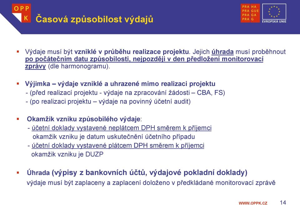 Výjimka výdaje vzniklé a uhrazené mimo realizaci projektu - (před realizací projektu - výdaje na zpracování žádosti CBA, FS) - (po realizaci projektu výdaje na povinný účetní audit) Okamžik