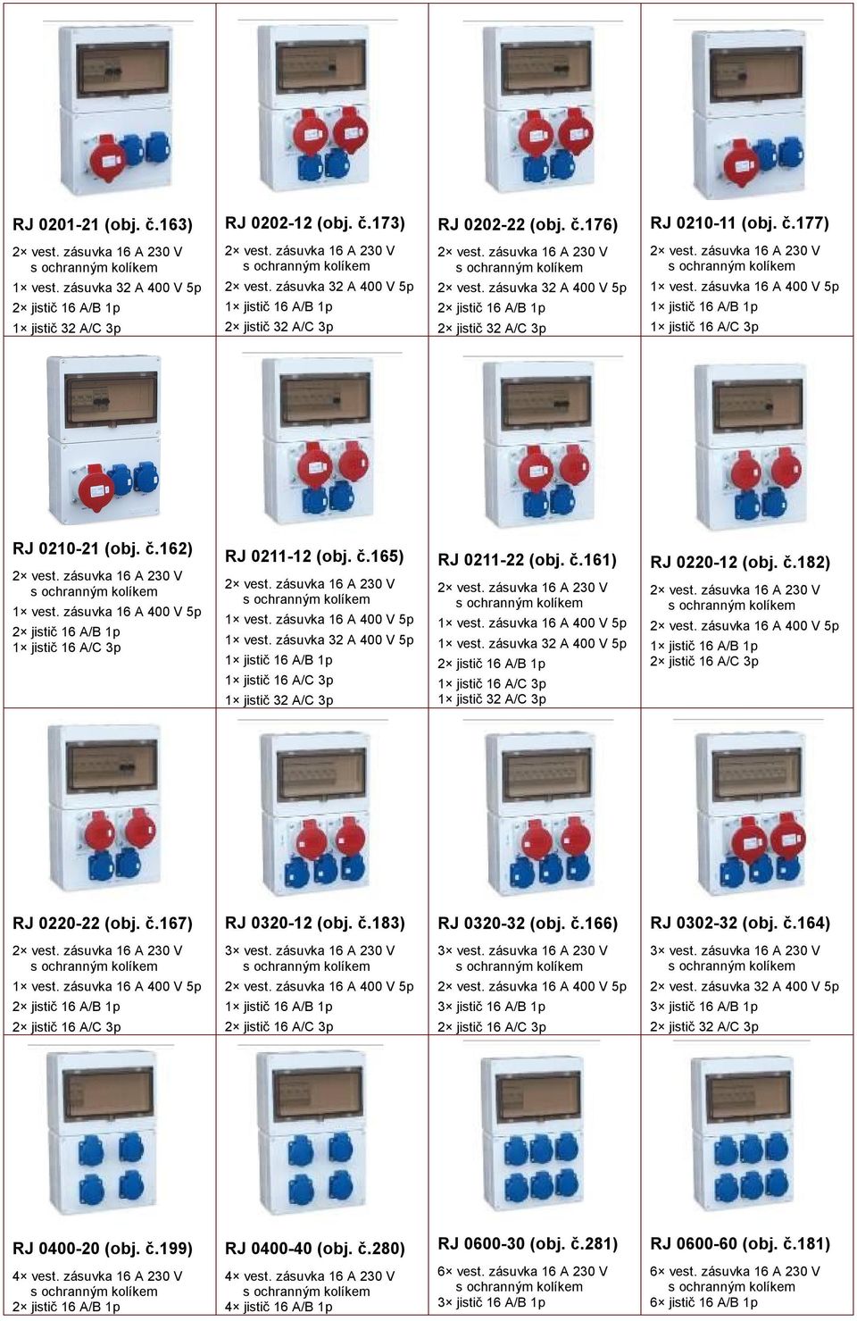 zásuvka 16 A 230 V 1 vest. zásuvka 16 A 400 V 5p 1 jistič 16 A/B 1p 1 jistič 16 A/C 3p RJ 0210-21 (obj. č.162) 2 vest. zásuvka 16 A 230 V 1 vest.