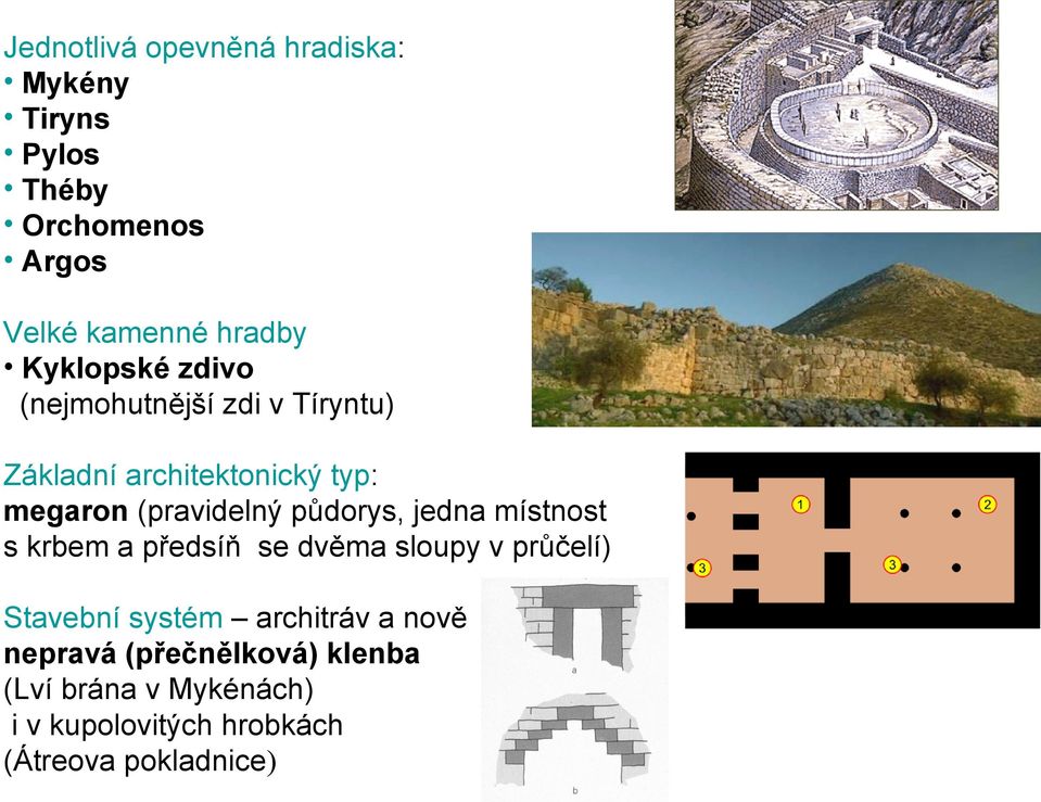 půdorys, jedna místnost s krbem a předsíň se dvěma sloupy v průčelí) Stavební systém architráv a