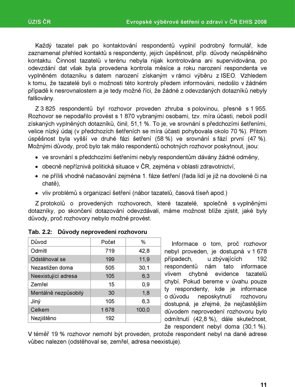 Činnost tazatelů v terénu nebyla nijak kontrolována ani supervidována, po odevzdání dat však byla provedena kontrola měsíce a roku narození respondenta ve vyplněném dotazníku s datem narození