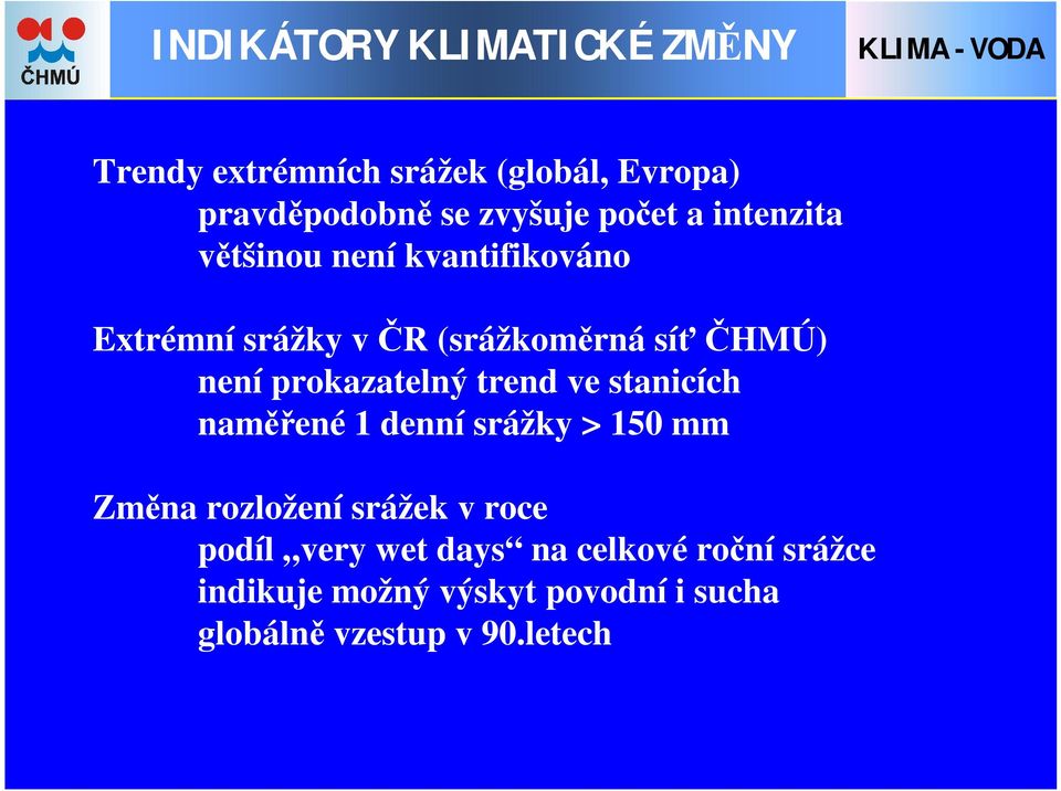 prokazatelný trend ve stanicích naměřené 1 denní srážky > 150 mm Změna rozložení srážek v roce