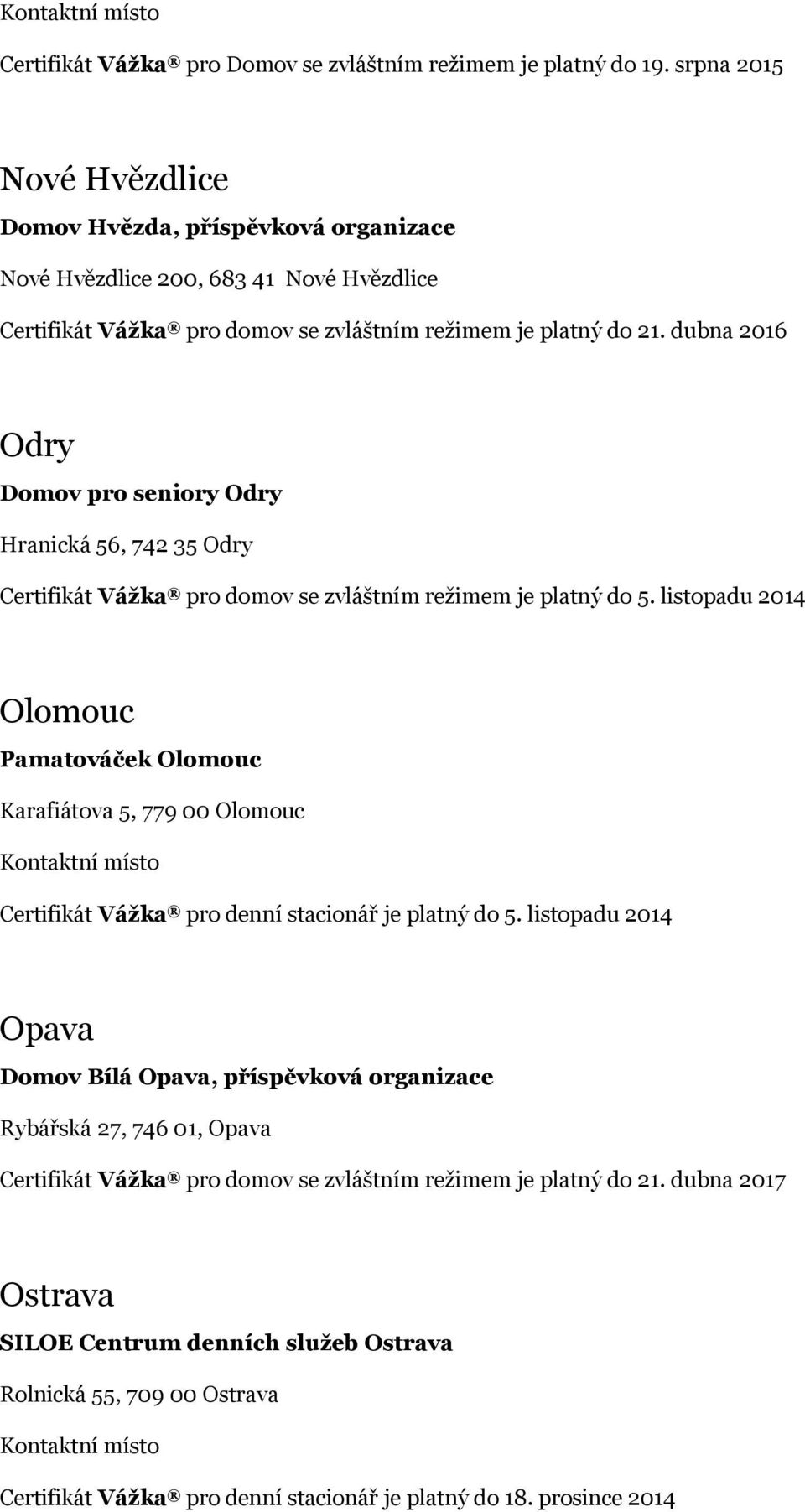 dubna 2016 Odry Domov pro seniory Odry Hranická 56, 742 35 Odry Certifikát Vážka pro domov se zvláštním režimem je platný do 5.