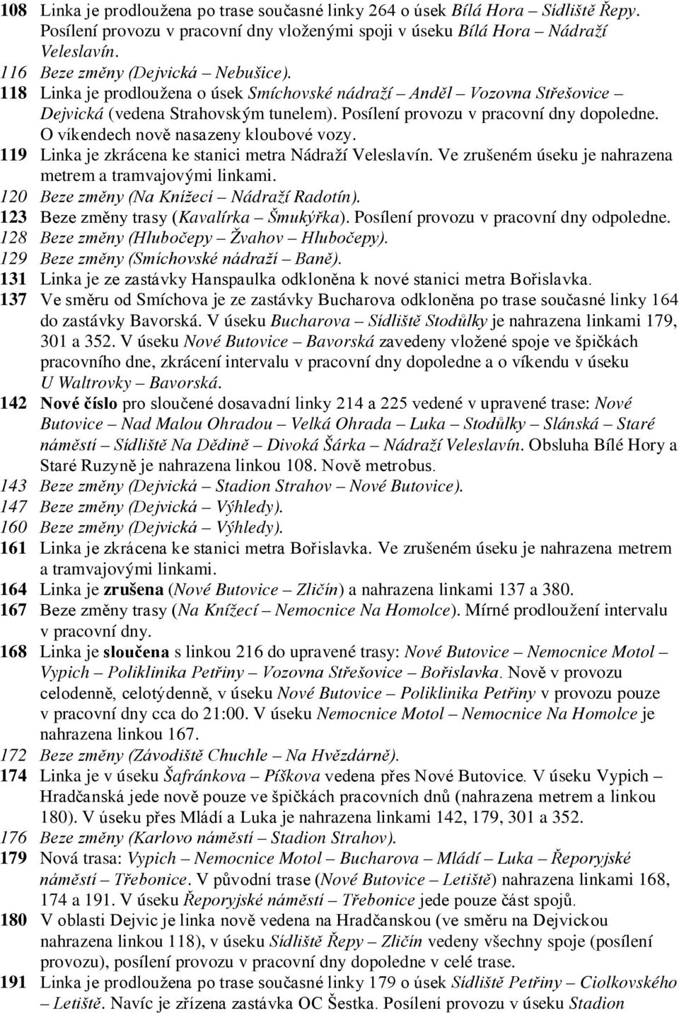 Posílení provozu v pracovní dny O víkendech nově nasazeny kloubové vozy. 119 Linka je zkrácena ke stanici metra Nádraží Veleslavín. Ve zrušeném úseku je nahrazena metrem a tramvajovými linkami.