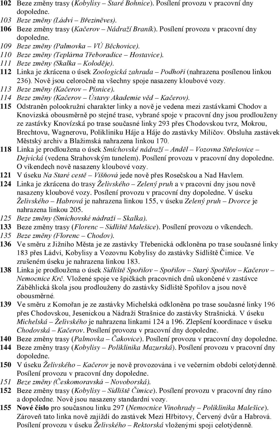 112 Linka je zkrácena o úsek Zoologická zahrada Podhoří (nahrazena posílenou linkou 236). Nově jsou celoročně na všechny spoje nasazeny kloubové vozy. 113 Beze změny (Kačerov Písnice).