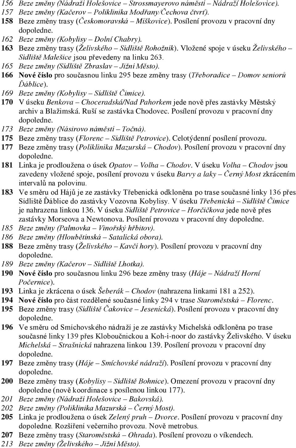 Vložené spoje v úseku Želivského Sídliště Malešice jsou převedeny na linku 263. 165 Beze změny (Sídliště Zbraslav Jižní Město).