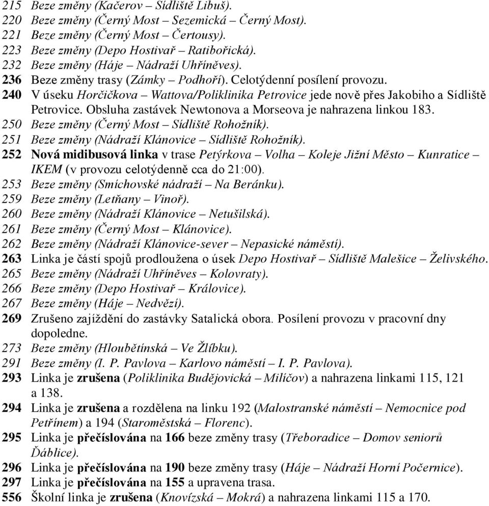 240 V úseku Horčičkova Wattova/Poliklinika Petrovice jede nově přes Jakobiho a Sídliště Petrovice. Obsluha zastávek Newtonova a Morseova je nahrazena linkou 183.