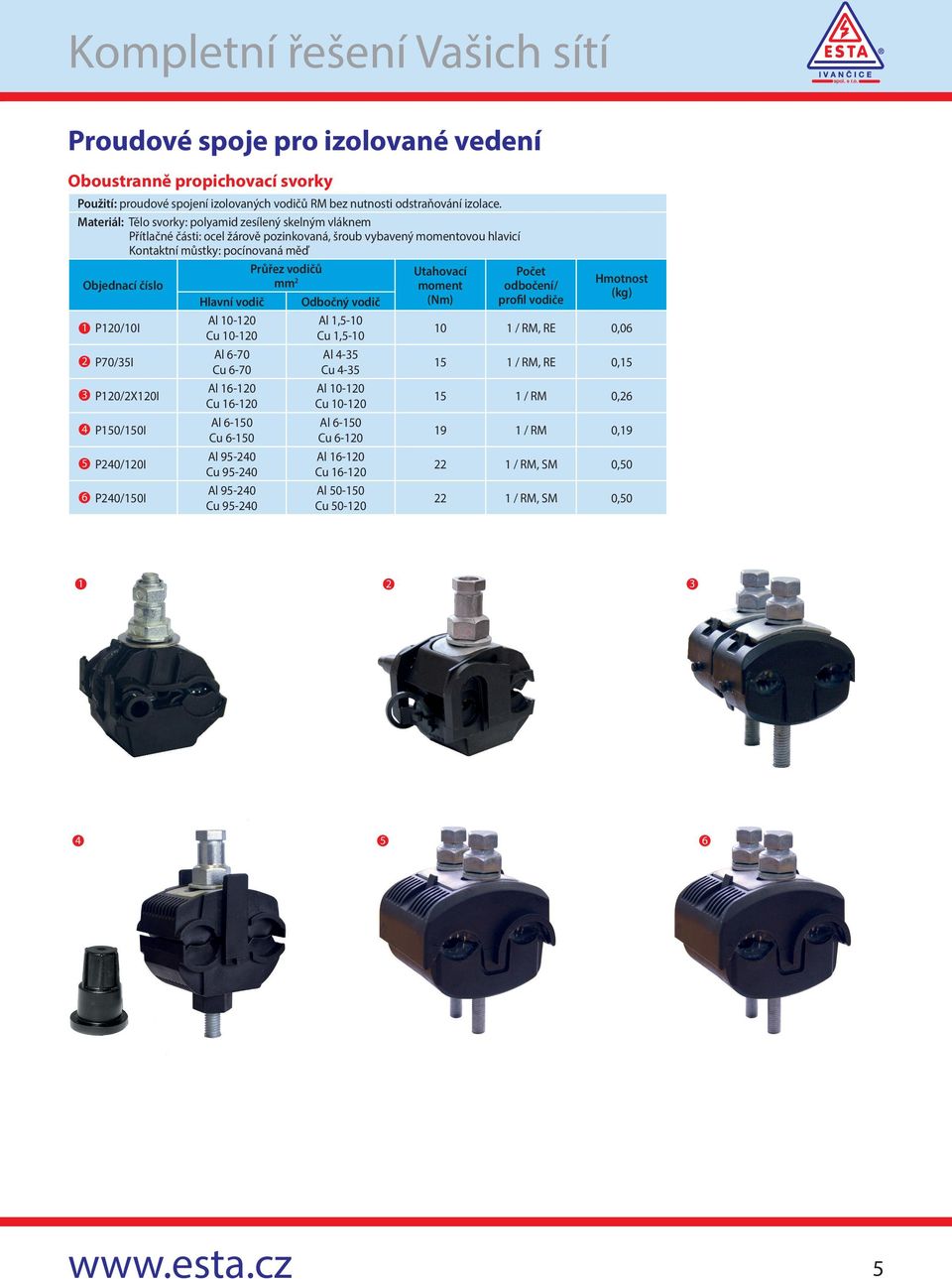 P120/2X120I P150/150I P240/120I P240/150I Průřez vodičů mm 2 Hlavní vodič Odbočný vodič Al 10-120 Cu 10-120 Al 6-70 Cu 6-70 Al 16-120 Cu 16-120 Al 6-150 Cu 6-150 Al 95-240 Cu 95-240 Al 95-240 Cu