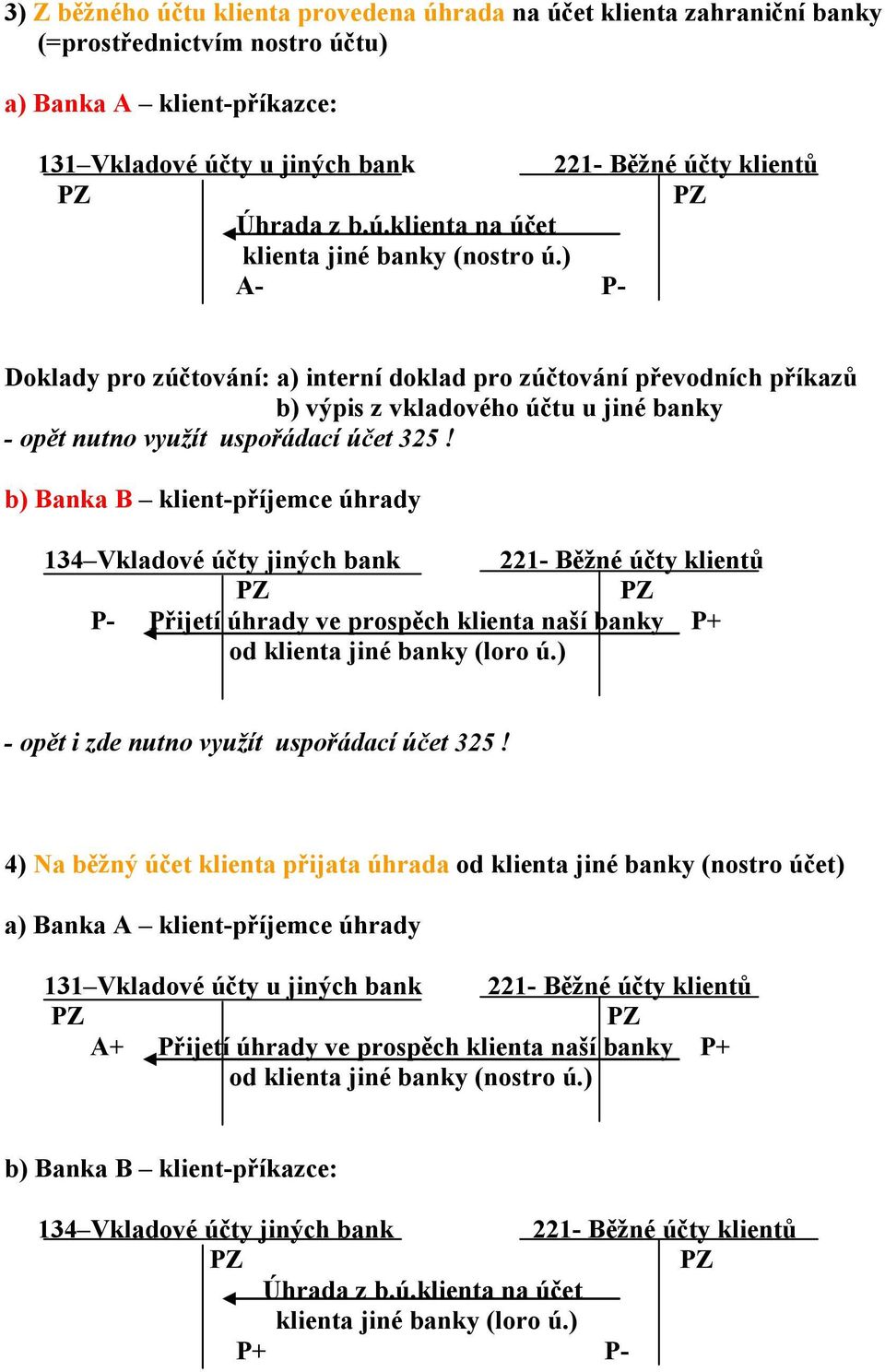 ) A- P- Doklady pro zúčtování: a) interní doklad pro zúčtování převodních příkazů b) výpis z vkladového účtu u jiné banky - opět nutno využít uspořádací účet 325!