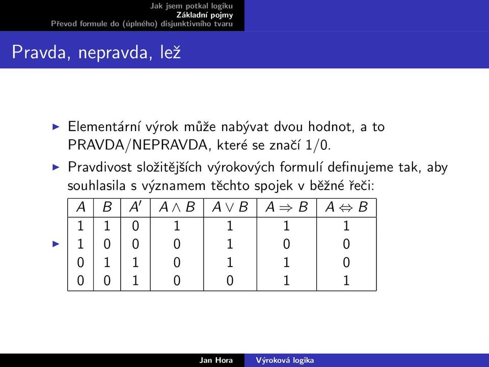 Pravdivost složitějších výrokových formuĺı definujeme tak, aby souhlasila