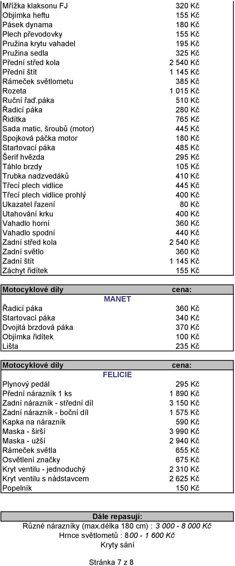 Vahadlo spodní Zadní střed kola Zadní světlo Zadní štít Záchyt řidítek Řadicí páka Dvojitá brzdová páka Objímka řidítek Lišta Plynový pedál Přední nárazník 1 ks Zadní nárazník - střední díl Zadní