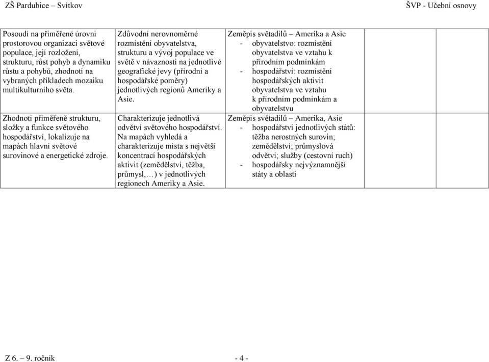 Zdůvodní nerovnoměrné rozmístění obyvatelstva, strukturu a vývoj populace ve světě v návaznosti na jednotlivé geografické jevy (přírodní a hospodářské poměry) jednotlivých regionů Ameriky a Asie.