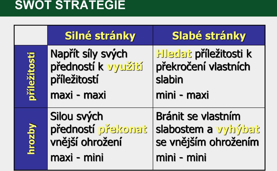 maxi - mini Slabé stránky Hledat příležitosti k překročení vlastních slabin