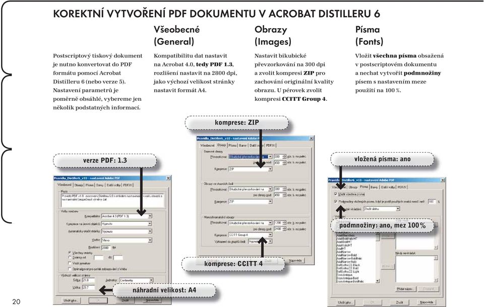 3, rozlišení nastavit na 2800 dpi, jako výchozí velikost stránky nastavit formát A4. Nastavit bikubické převzorkování na 300 dpi a zvolit kompresi ZIP pro zachování originální kvality obrazu.