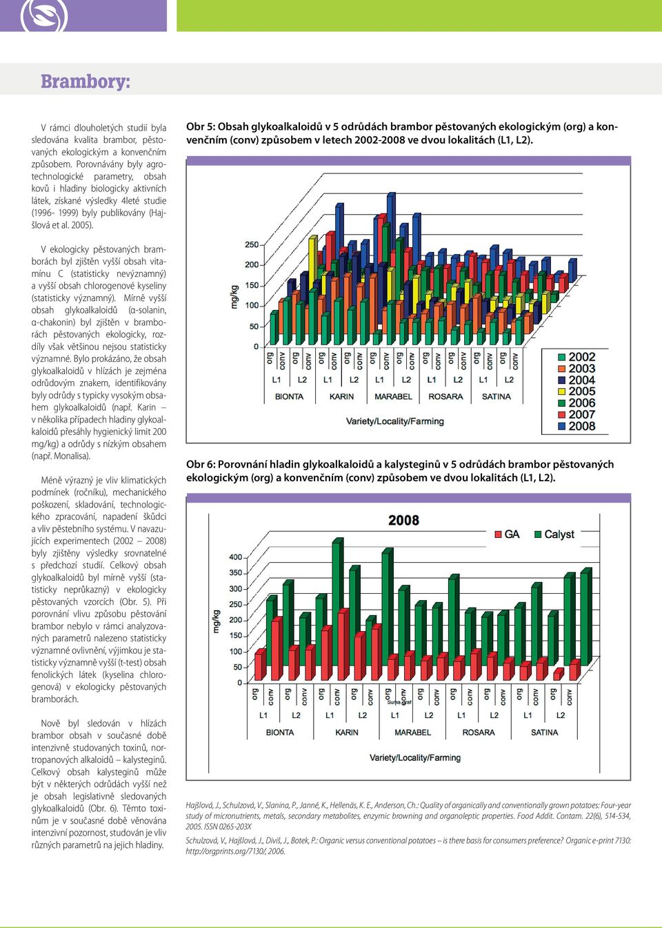 V ekologicky pěstovaných bramborách byl zjištěn vyšší obsah vitamínu C (statisticky nevýznamný) a vyšší obsah chlorogenové kyseliny (statisticky významný).