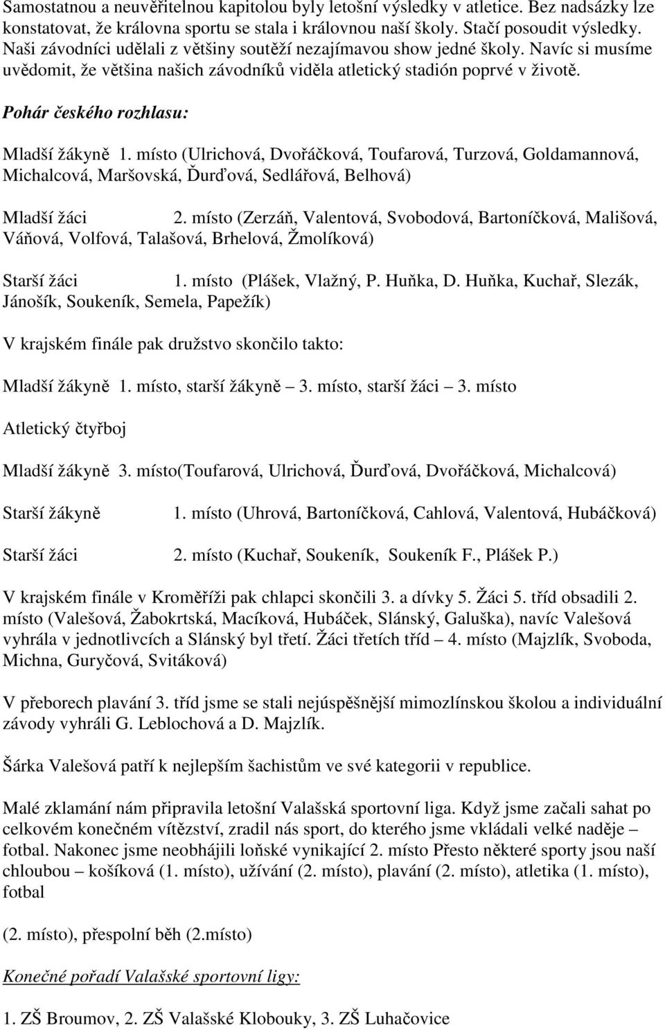 Pohár českého rozhlasu: Mladší žákyně 1. místo (Ulrichová, Dvořáčková, Toufarová, Turzová, Goldamannová, Michalcová, Maršovská, Ďurďová, Sedlářová, Belhová) Mladší žáci 2.