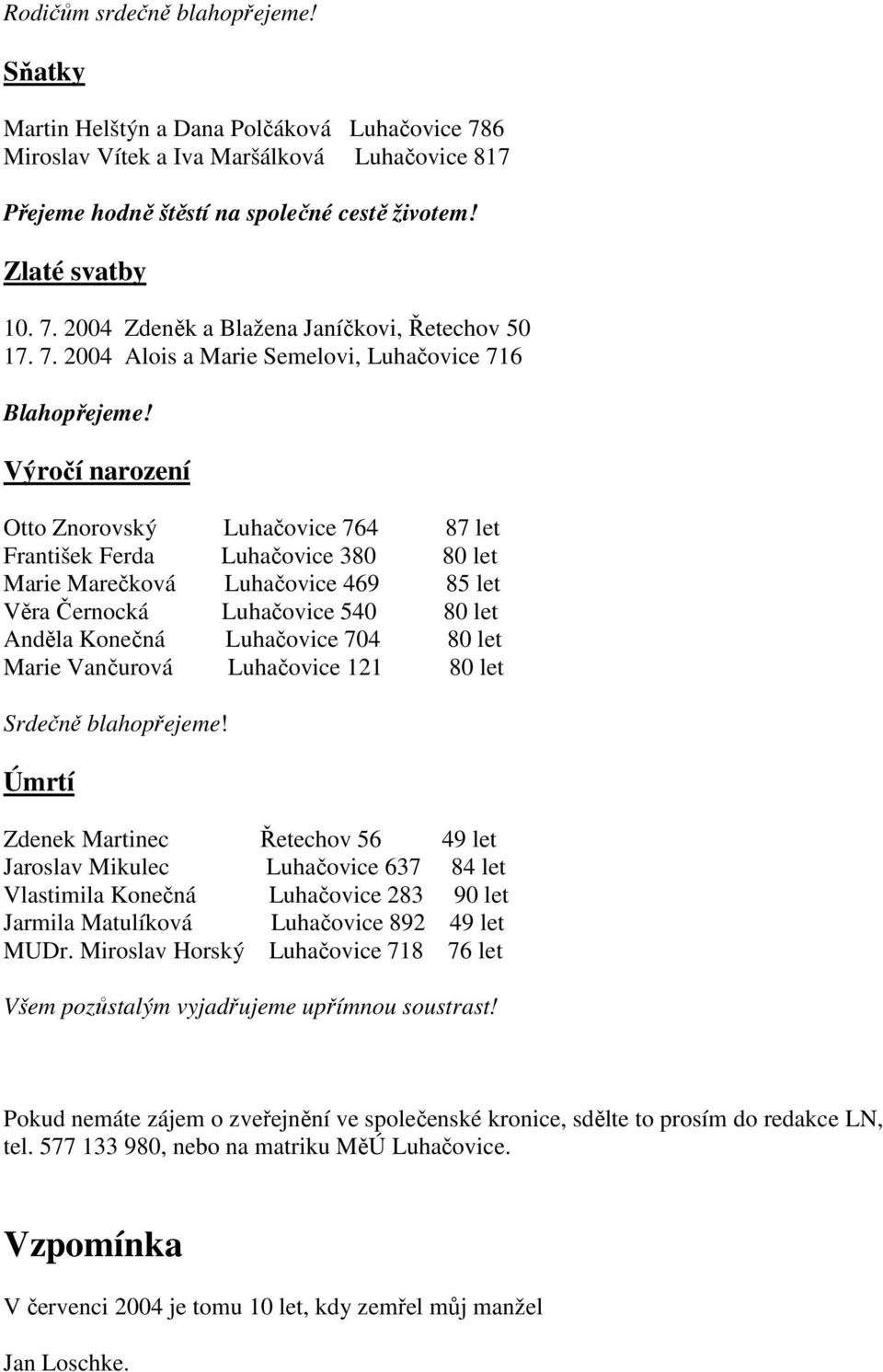 Výročí narození Otto Znorovský Luhačovice 764 87 let František Ferda Luhačovice 380 80 let Marie Marečková Luhačovice 469 85 let Věra Černocká Luhačovice 540 80 let Anděla Konečná Luhačovice 704 80