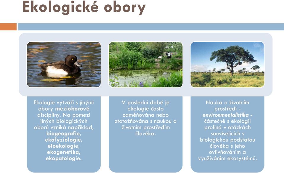 ekopatologie. V poslední době je ekologie často zaměňována nebo ztotožňována s naukou o životním prostředím člověka.