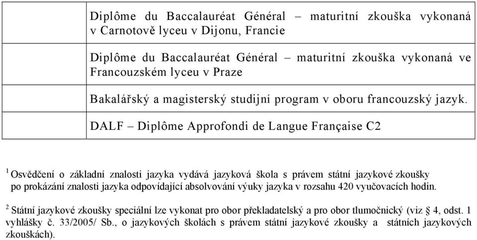 DALF Diplôme Approfondi de Langue Française C2 1 Osvědčení o základní znalosti jazyka vydává jazyková škola s právem státní jazykové zkoušky po prokázání znalosti jazyka