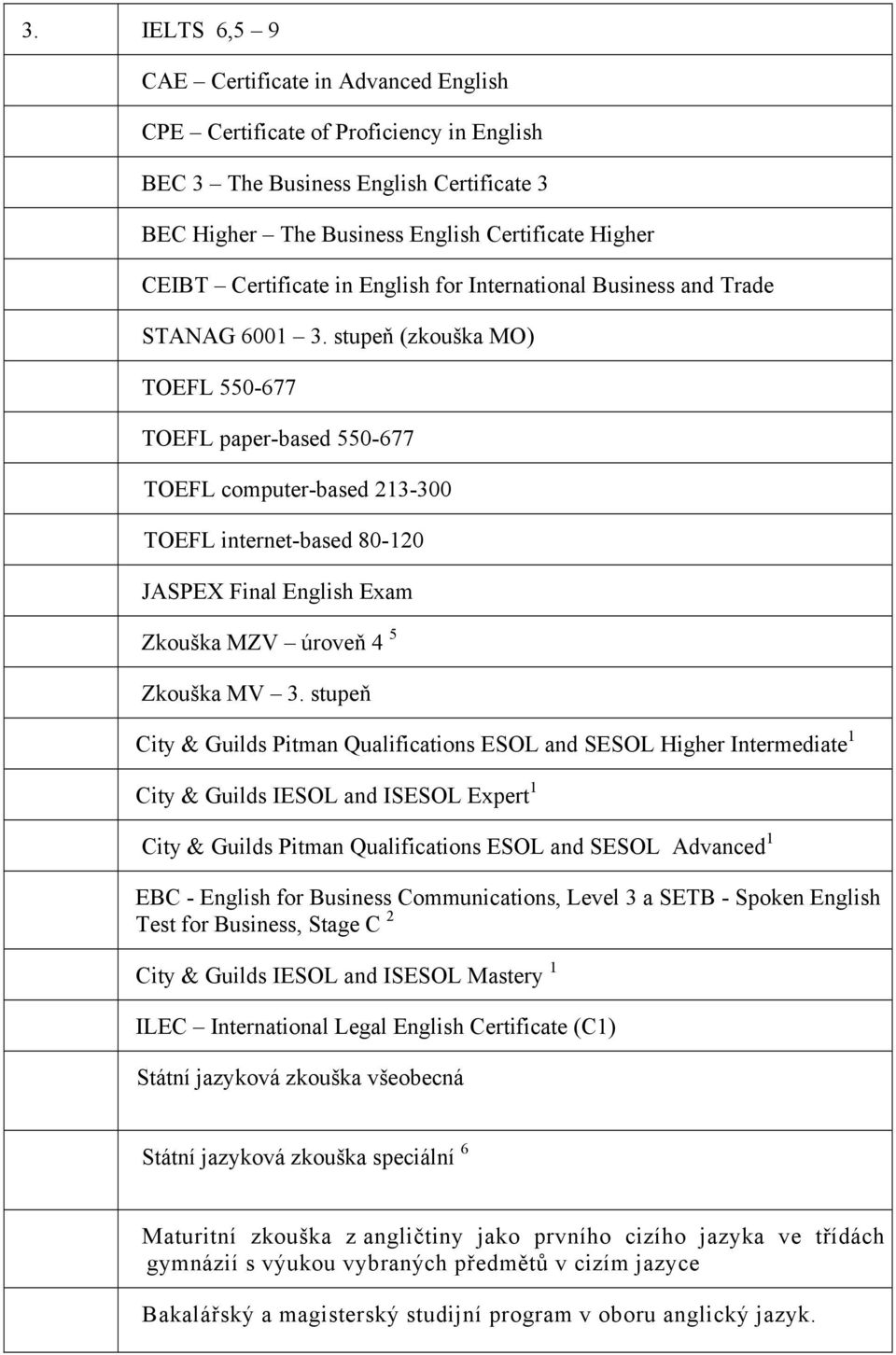 stupeň (zkouška MO) TOEFL 550-677 TOEFL paper-based 550-677 TOEFL computer-based 213-300 TOEFL internet-based 80-120 JASPEX Final English Exam Zkouška MZV úroveň 4 5 Zkouška MV 3.