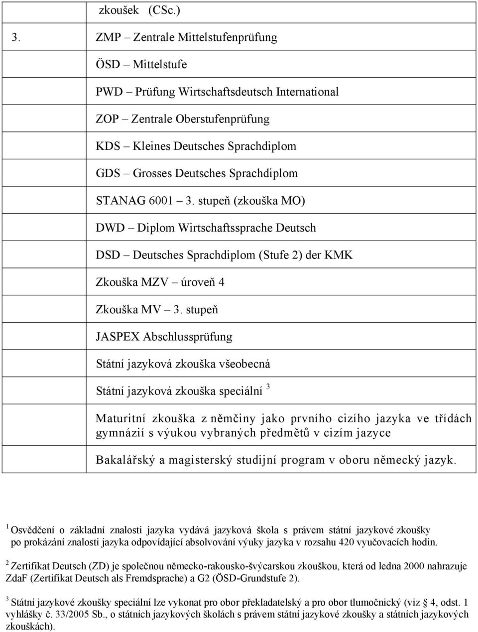 STANAG 6001 3. stupeň (zkouška MO) DWD Diplom Wirtschaftssprache Deutsch DSD Deutsches Sprachdiplom (Stufe 2) der KMK Zkouška MZV úroveň 4 Zkouška MV 3.