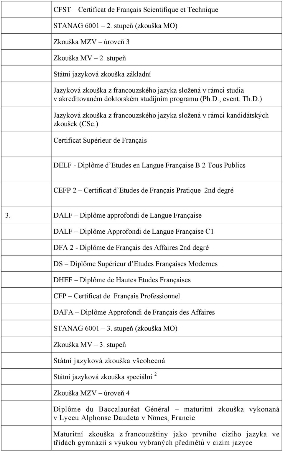 , event. Th.D.) Jazyková zkouška z francouzského jazyka složená v rámci kandidátských zkoušek (CSc.
