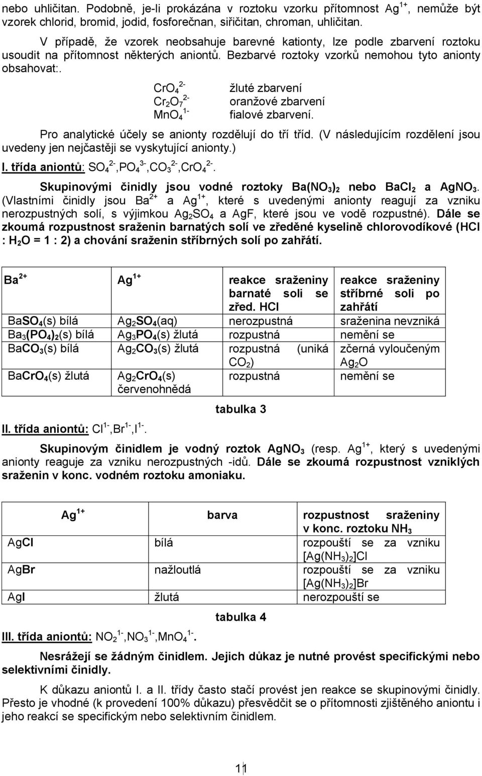 CrO 4 2- Cr 2 O 7 2- MnO 4 1- žluté zbarvení oranžové zbarvení fialové zbarvení. Pro analytické účely se anionty rozdělují do tří tříd.