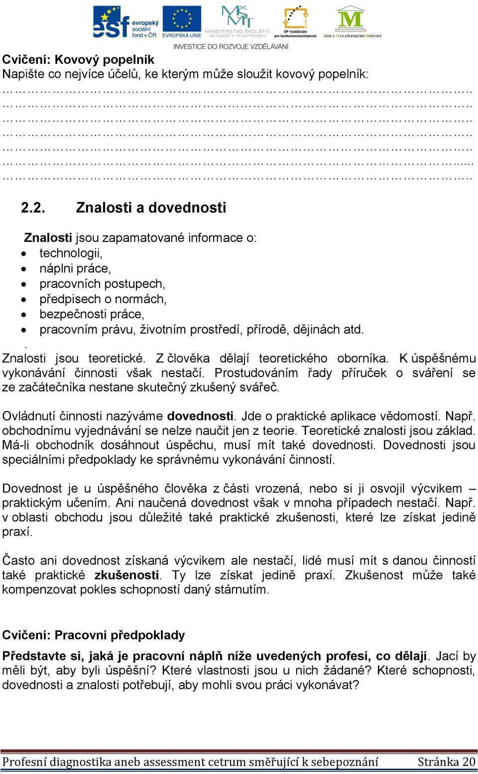 přírodě, dějinách atd.. Znalosti jsou teoretické. Z člověka dělají teoretického oborníka. K úspěšnému vykonávání činnosti však nestačí.