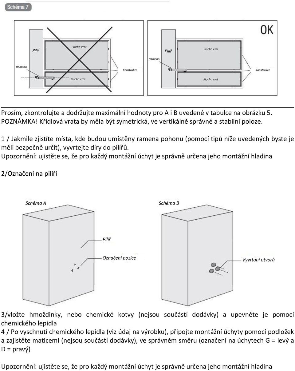 1 / Jakmile zjistíte místa, kde budou umístěny ramena pohonu (pomocí tipů níže uvedených byste je měli bezpečně určit), vyvrtejte díry do pilířů.