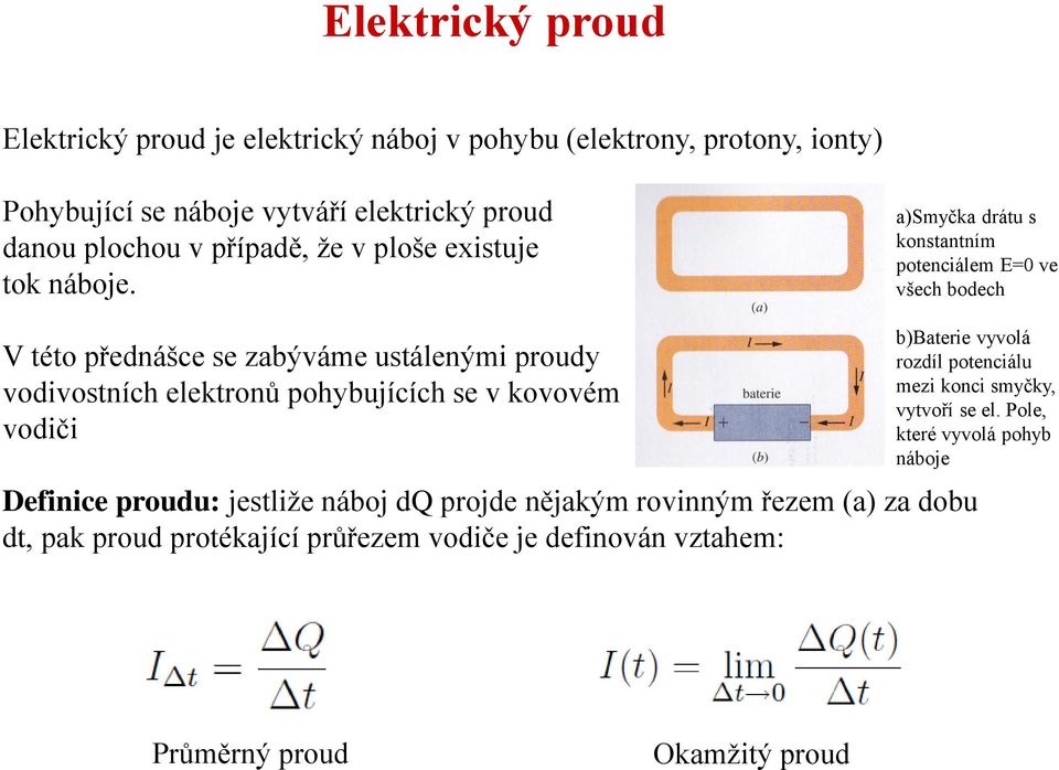 a)smyčka drátu s konstantním potenciálem E=0 ve všech bodech V této přednášce se zabýváme ustálenými proudy vodivostních elektronů pohybujících se v kovovém