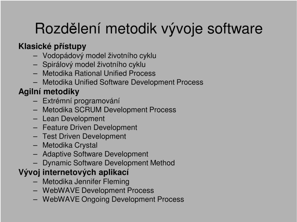 Lean Development Feature Driven Development Test Driven Development Metodika Crystal Adaptive Software Development Dynamic Software