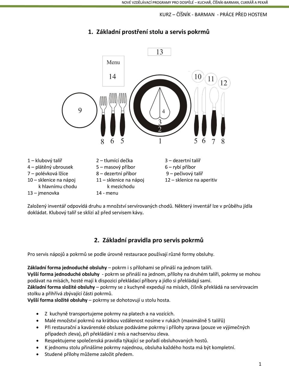 1. Základní prostření stolu a servis pokrmů - PDF Stažení zdarma