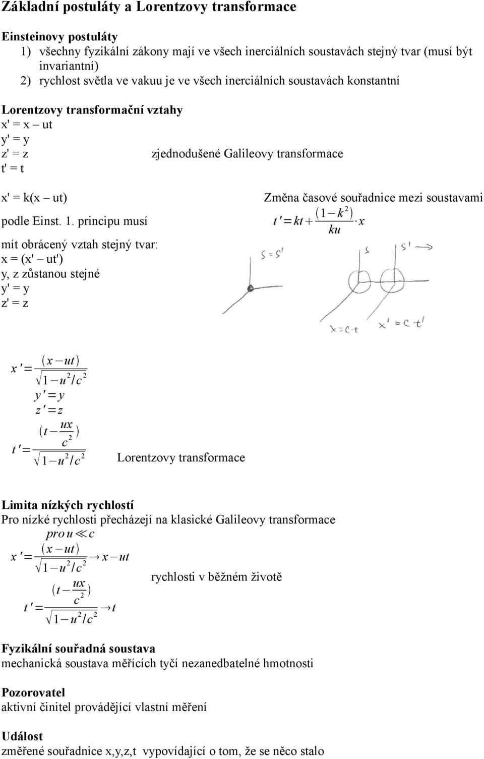 principu musí mít obrácený vztah stejný tvar: x = (x' ut') y, z zůstanou stejné y' = y z' = z Změna časové souřadnice mezi soustavami t '=kt 1 k ku x x '= x ut 1 u /c y' = y z' =z t ux c t '= 1 u /c