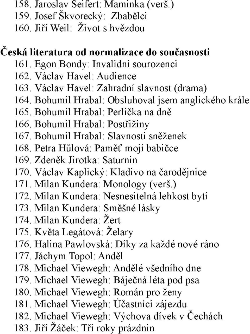 Bohumil Hrabal: Slavnosti sněženek 168. Petra Hůlová: Paměť mojí babičce 169. Zdeněk Jirotka: Saturnin 170. Václav Kaplický: Kladivo na čarodějnice 171. Milan Kundera: Monology (verš.) 172.