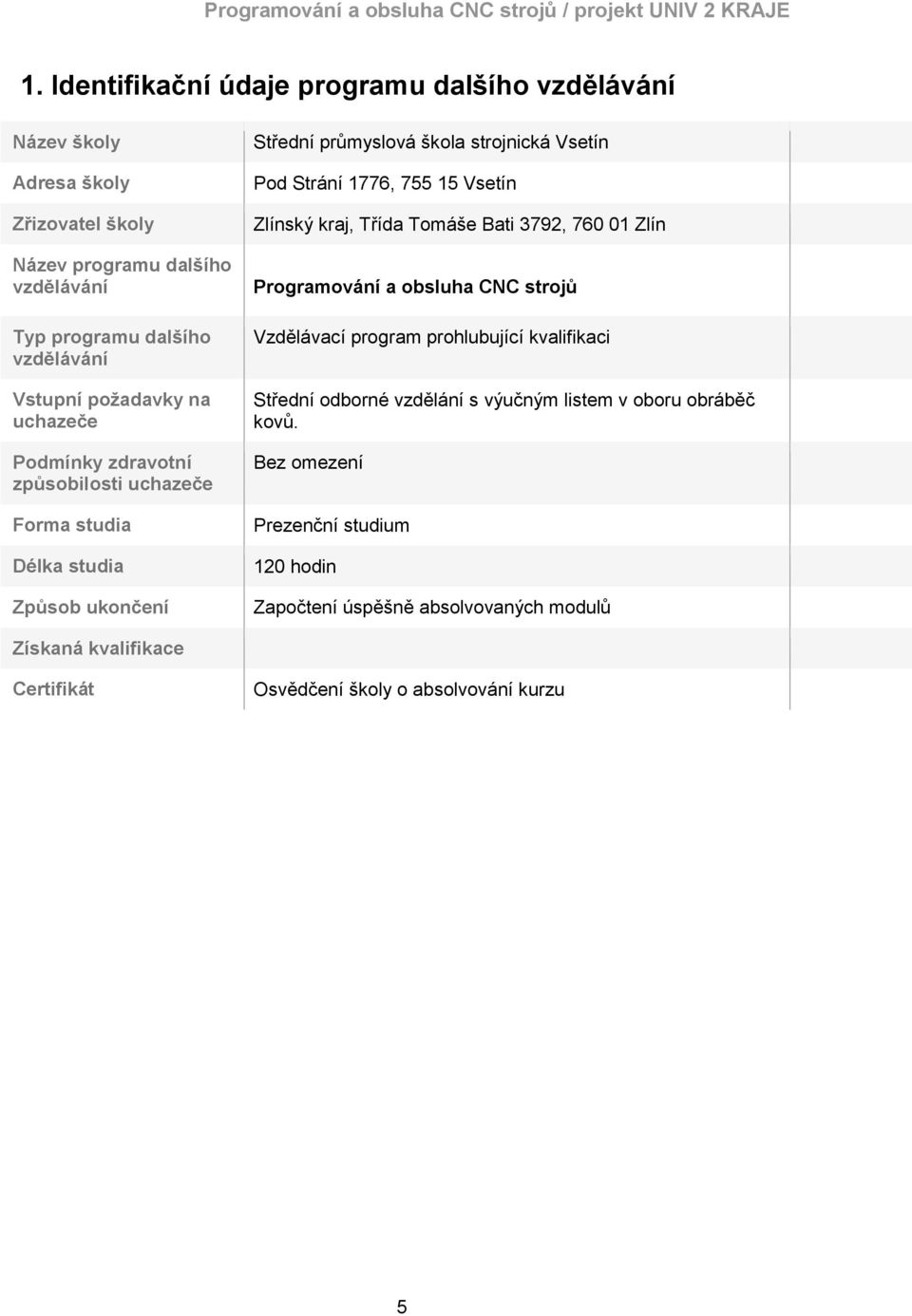 Vsetín Zlínský kraj, Třída Tomáše Bati 3792, 760 01 Zlín Programování a obsluha CNC strojů Vzdělávací program prohlubující kvalifikaci Střední odborné vzdělání s výučným