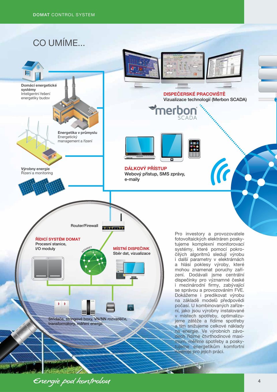 Řízení a monitoring DÁLKOVÝ PŘÍSTUP Webový přístup, SMS zprávy, e-maily Router/Firewall ŘÍDICÍ SYSTÉM DOMAT Procesní stanice, I/O moduly INTRANET Střídače, stringové boxy, VN/NN rozvaděče,