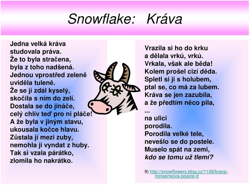 Tak si vzala párátko, zlomila ho nakrátko. Vrazila si ho do krku a dělala vrkú, vrkú. Vrkala, však ale běda! Kolem prošel cizí děda. Spletl si ji s holubem, ptal se, co má za lubem.