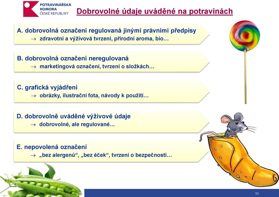 B. dobrovolná označení neregulovaná marketingová označení, tvrzení o složkách C.