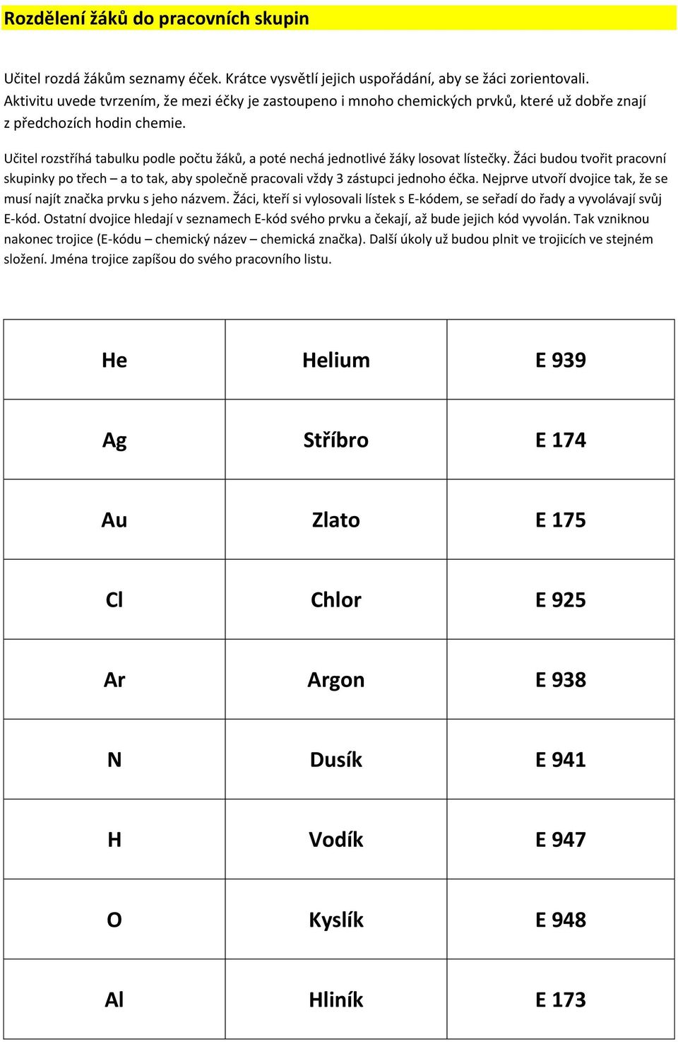 Učitel rozstříhá tabulku podle počtu žáků, a poté nechá jednotlivé žáky losovat lístečky. Žáci budou tvořit pracovní skupinky po třech a to tak, aby společně pracovali vždy 3 zástupci jednoho éčka.