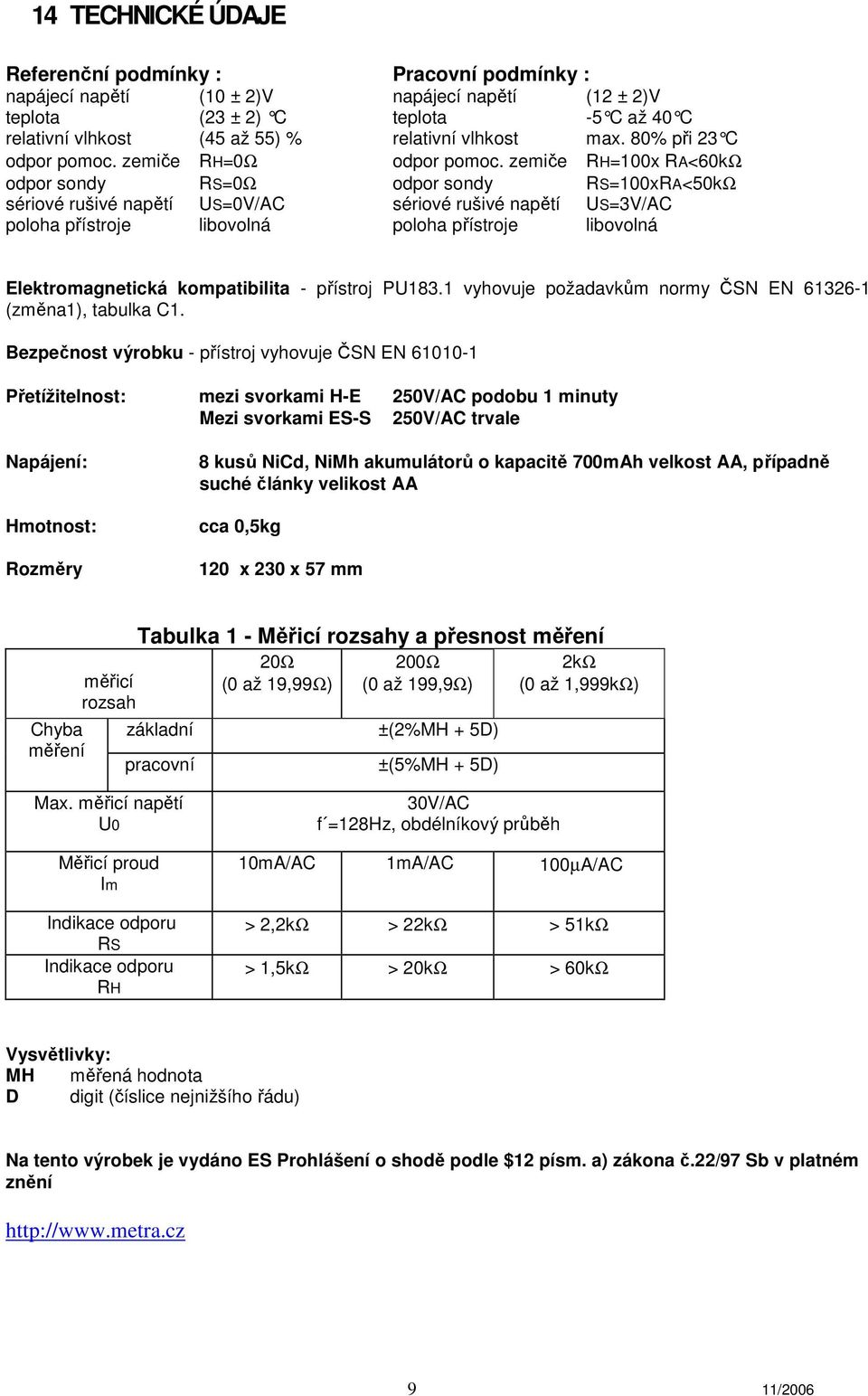 zemiče RH=100x RA<60kΩ odpor sondy RS=0Ω odpor sondy RS=100xRA<50kΩ sériové rušivé napětí US=0V/AC sériové rušivé napětí US=3V/AC poloha přístroje libovolná poloha přístroje libovolná