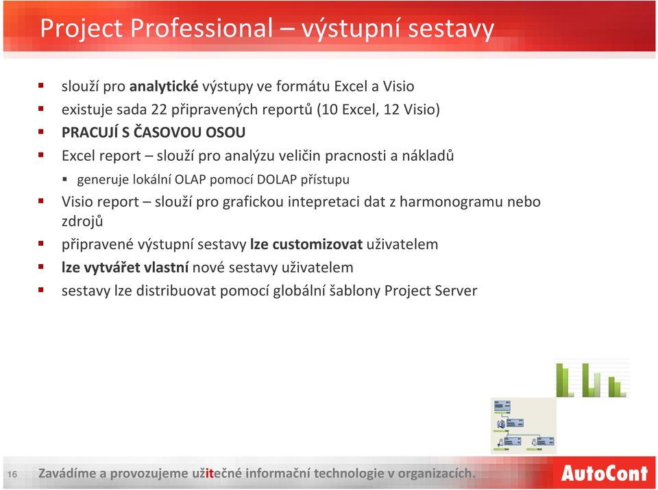 pomocí DOLAP přístupu Visio report slouží pro grafickou intepretaci dat z harmonogramu nebo zdrojů připravené výstupní sestavy lze