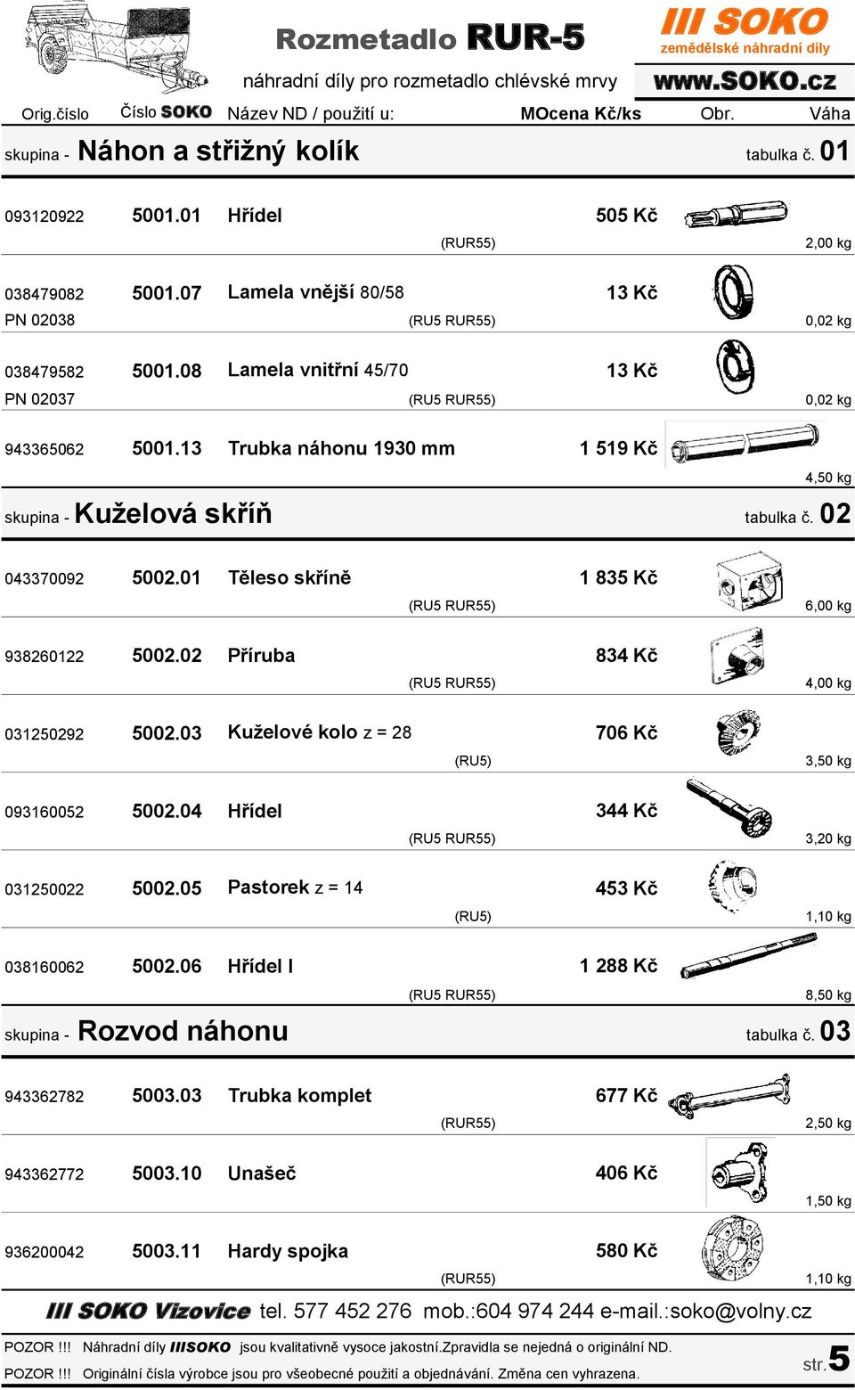 01 Těleso skříně 1 835 Kč 6,00 kg 938260122 5002.02 Příruba 834 Kč 4,00 kg 031250292 5002.03 Kuželové kolo z = 28 706 Kč 3,50 kg 093160052 5002.04 Hřídel 344 Kč 3,20 kg 031250022 5002.