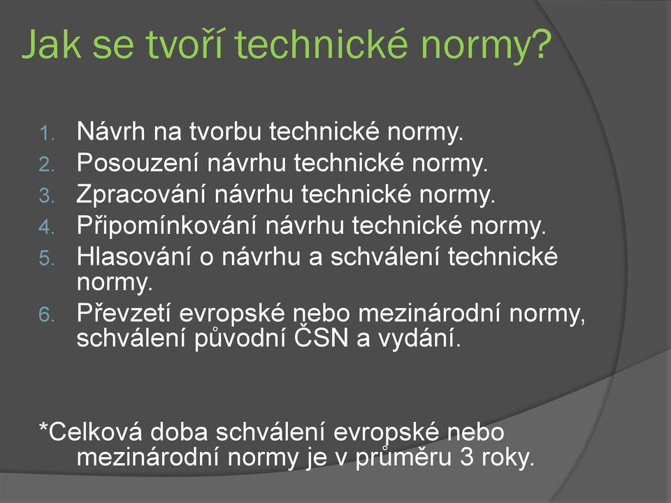 Připomínkování návrhu technické normy. 5. Hlasování o návrhu a schválení technické normy. 6.