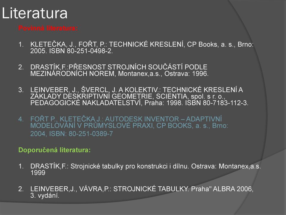 : TECHNICKÉ KRESLENÍ A ZÁKLADY DESKRIPTIVNÍ GEOMETRIE, SCIENTIA, spol. s r. o., PEDAGOGICKÉ NAKLADATELSTVÍ, Praha: 1998. ISBN 80-7183-112-3. 4. FOŘT P., KLETEČKA J.