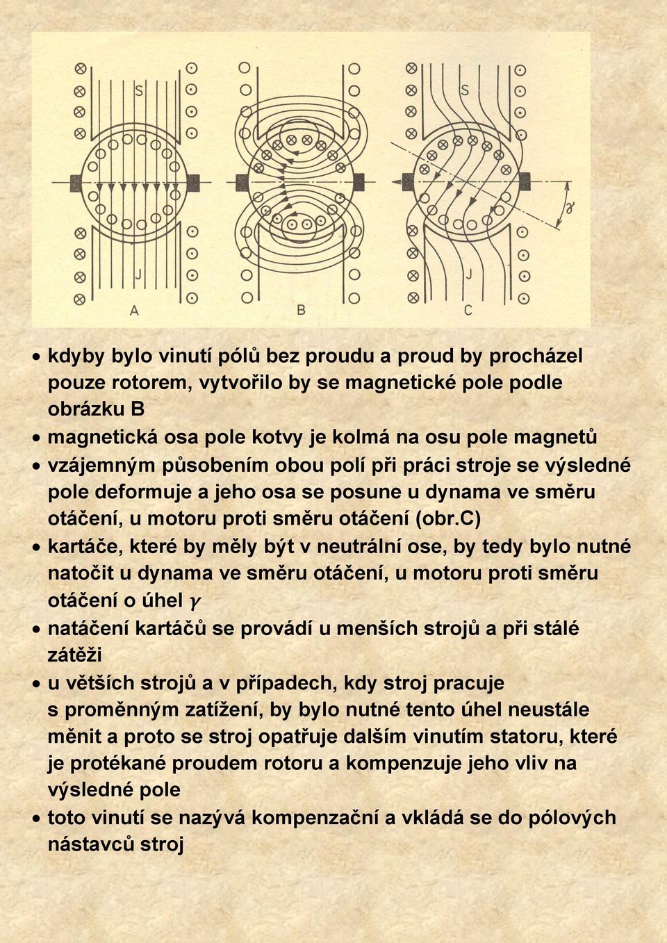 c) kartáče, které by měly být v neutrální ose, by tedy bylo nutné natočit u dynama ve směru otáčení, u motoru proti směru otáčení o úhel γ natáčení kartáčů se provádí u menších strojů a při stálé