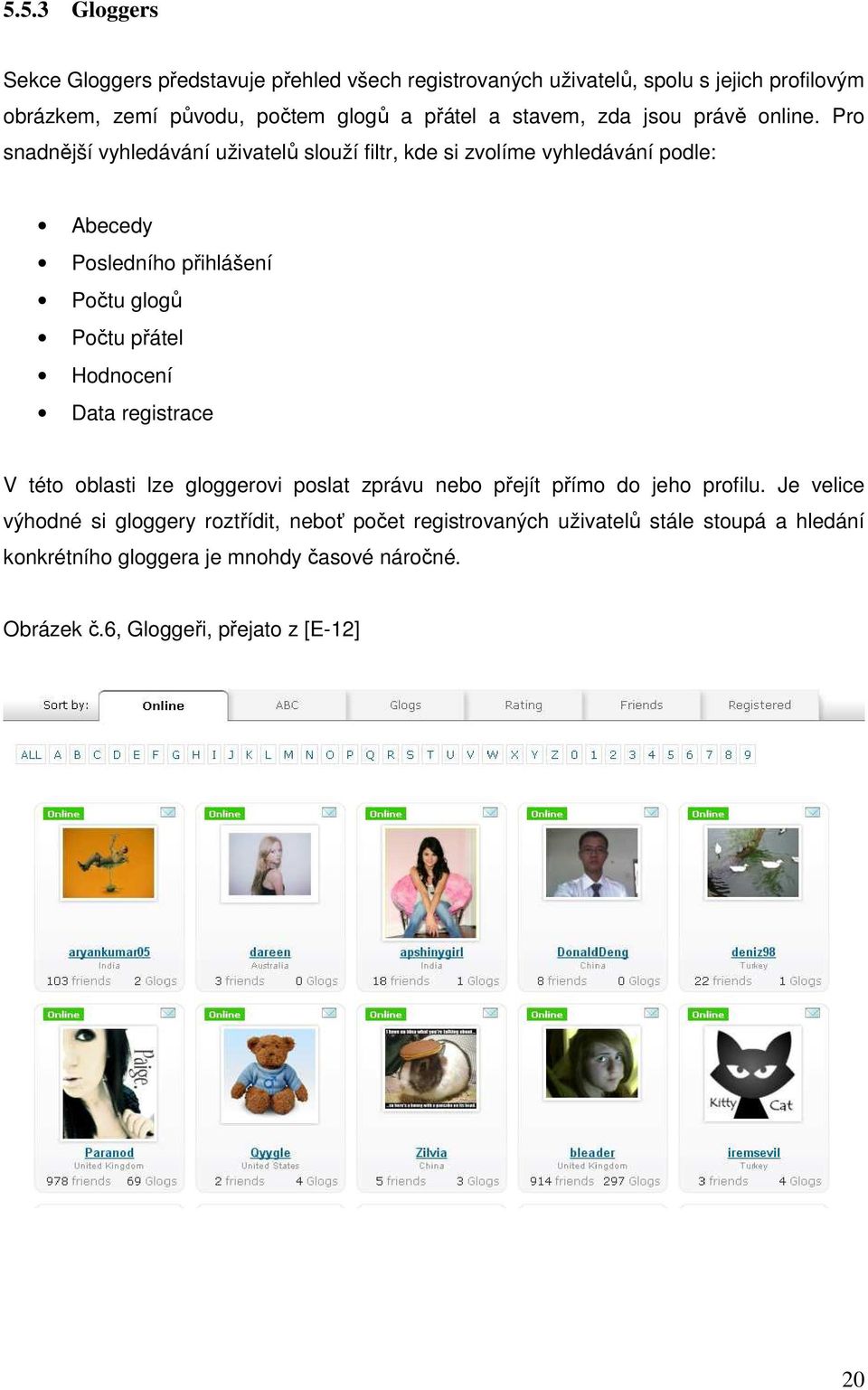 Pro snadnější vyhledávání uživatelů slouží filtr, kde si zvolíme vyhledávání podle: Abecedy Posledního přihlášení Počtu glogů Počtu přátel Hodnocení Data
