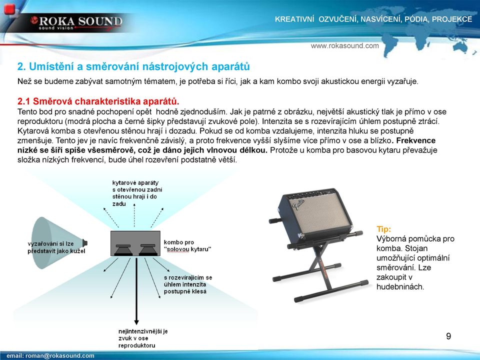 Intenzita se s rozevírajícím úhlem postupně ztrácí. Kytarová komba s otevřenou stěnou hrají i dozadu. Pokud se od komba vzdalujeme, intenzita hluku se postupně zmenšuje.