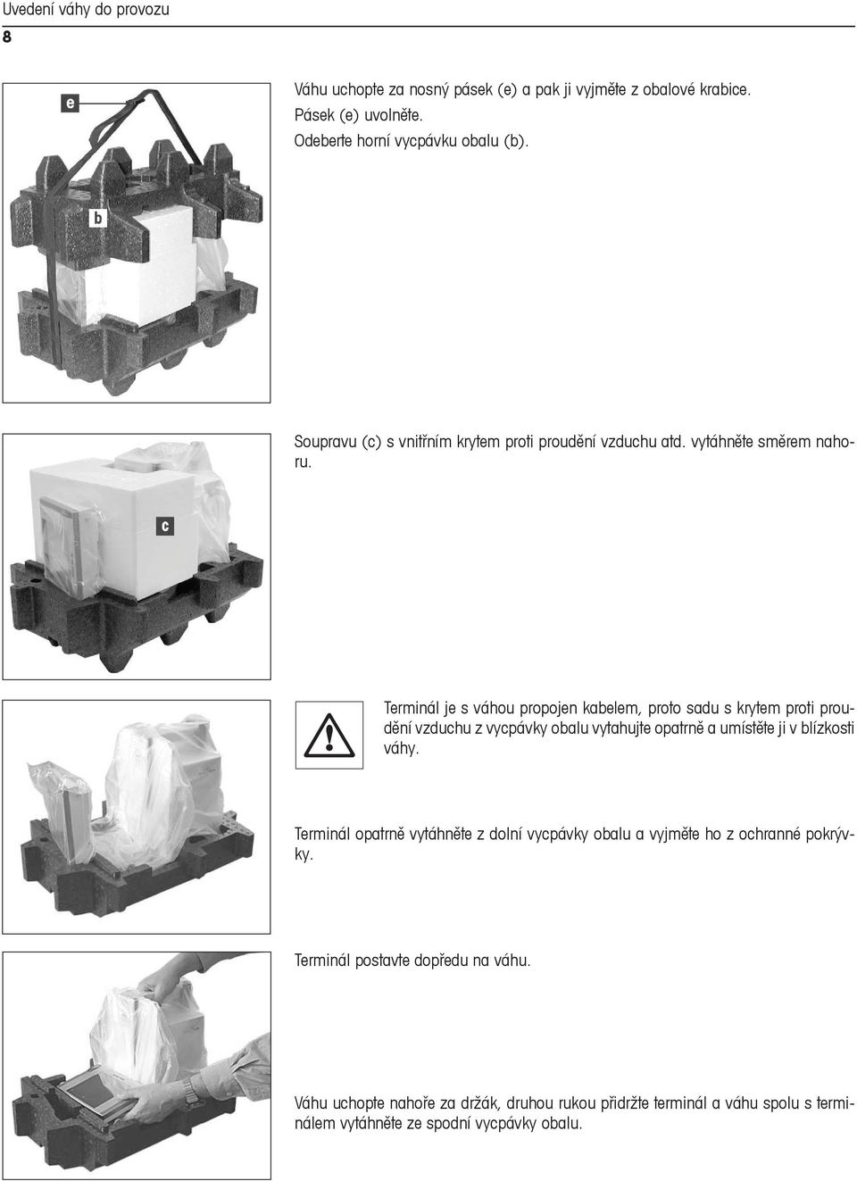 Terminál je s váhou propojen kabelem, proto sadu s krytem proti proudění vzduchu z vycpávky obalu vytahujte opatrně a umístěte ji v blízkosti váhy.