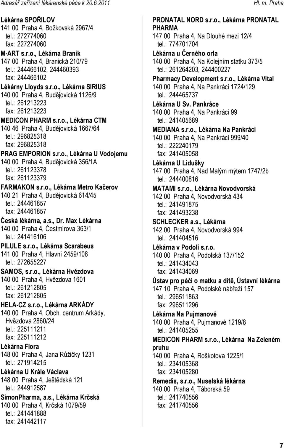 : 296825318 fax: 296825318 PRAG EMPORION s.r.o., U Vodojemu 140 00 Praha 4, Budějovická 356/1A tel.: 261123378 fax: 261123379 FARMAKON s.r.o., Metro Kačerov 140 21 Praha 4, Budějovická 614/45 tel.