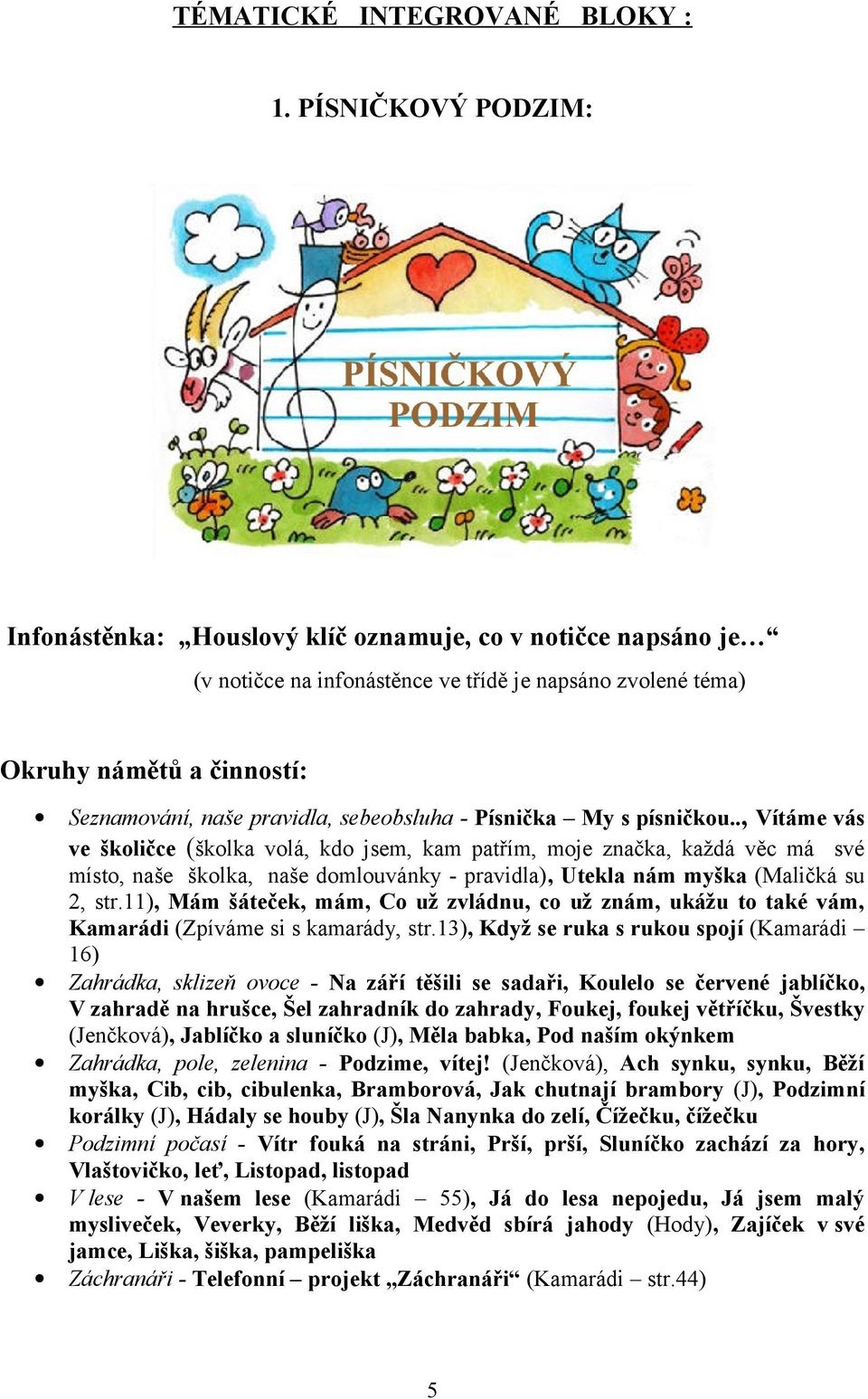 Písnička My s písničku.., Vítáme vás ve škličce (šklka vlá, kd jsem, kam patřím, mje značka, každá věc má své míst, naše šklka, naše dmluvánky - pravidla), Utekla nám myška (Maličká su 2, str.