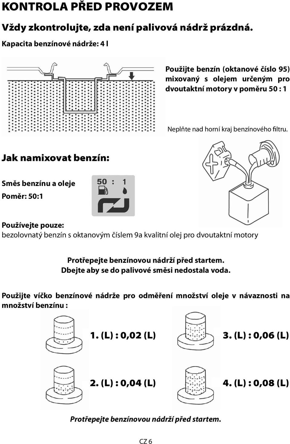 Jak namixovat benzín: Směs benzínu a oleje Poměr: 50:1 Používejte pouze: bezolovnatý benzín s oktanovým číslem 9a kvalitní olej pro dvoutaktní motory Protřepejte benzínovou